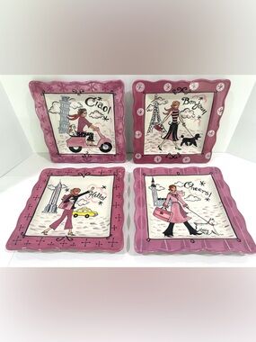Jennifer Brinley International 9” Square Purple Dessert Salad Plates World City